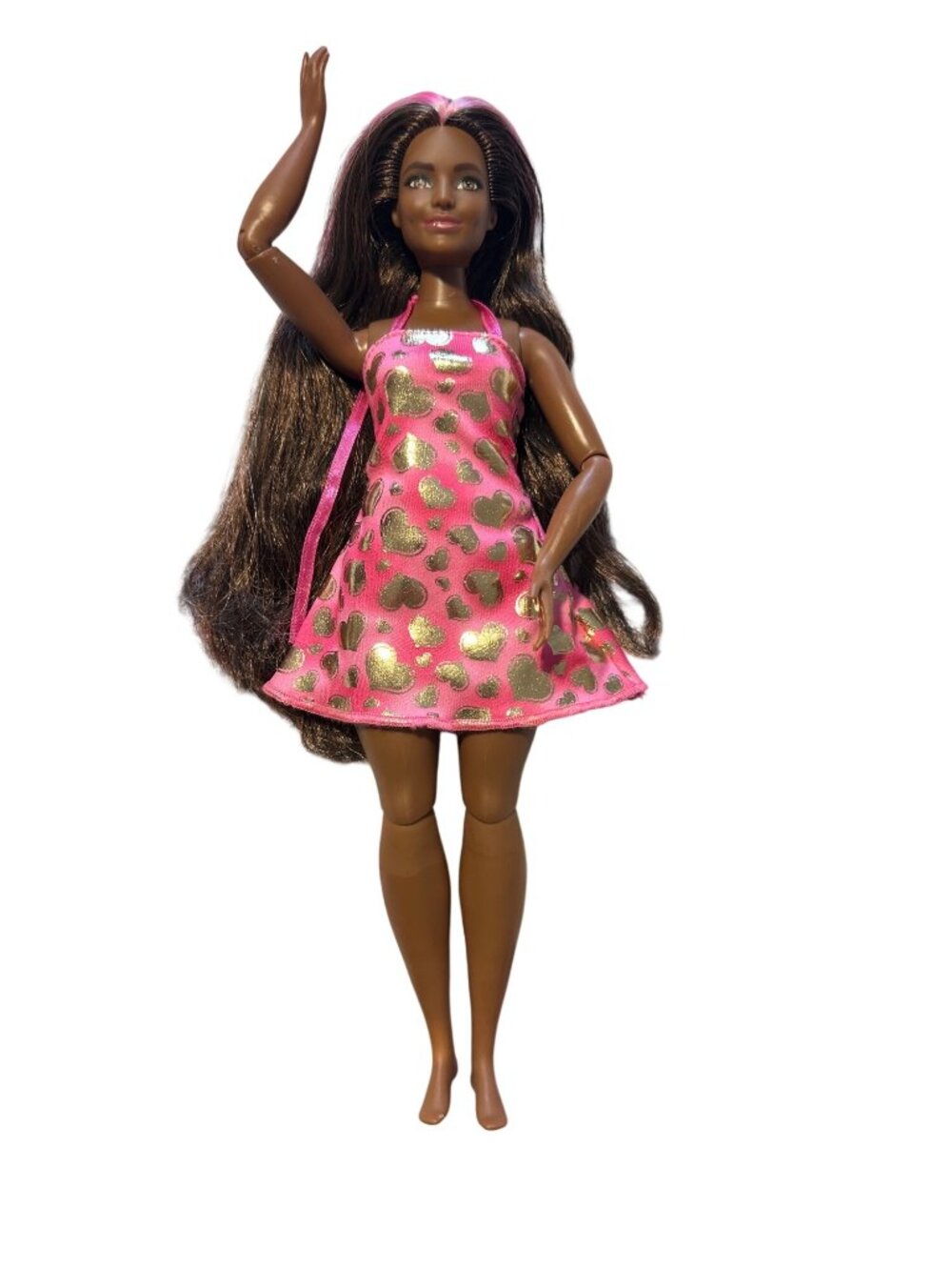 Barbie Doll With Pink & Gold Heart Dress Long Brown Hair With Pink Highlights